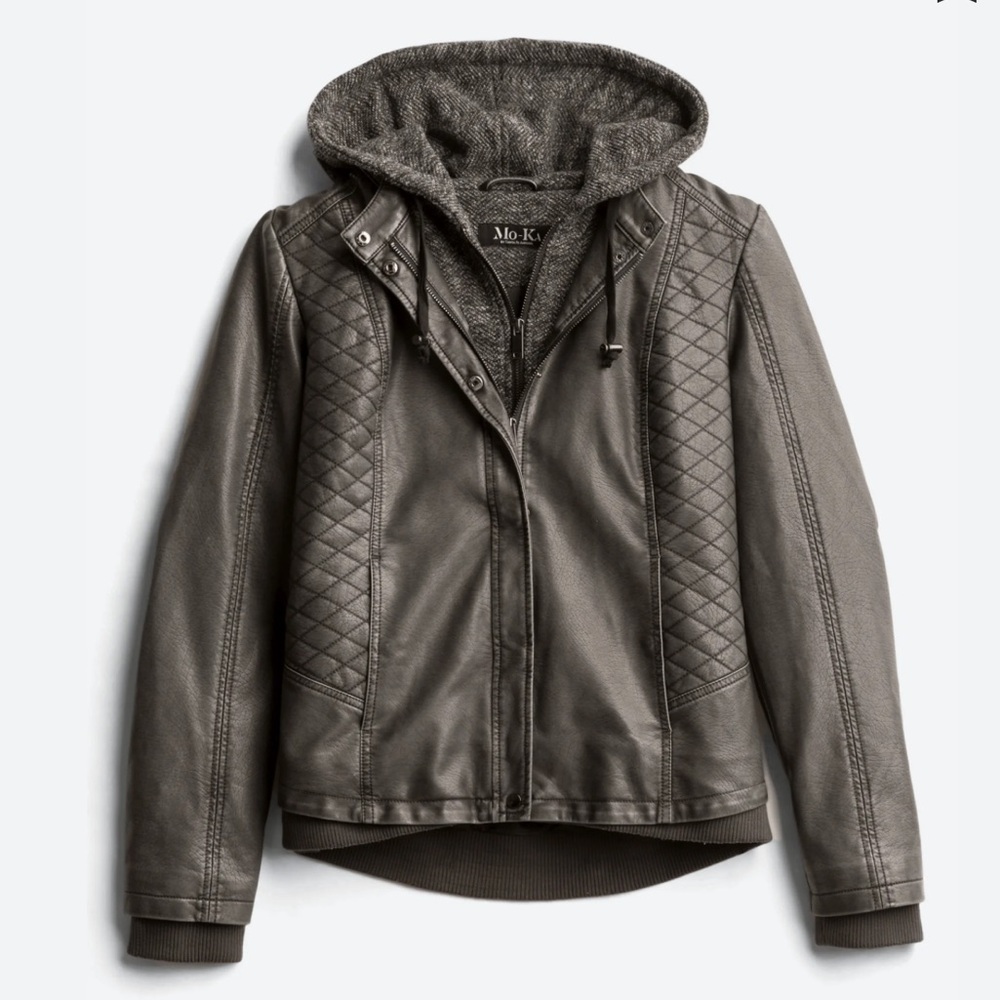 Mo-Ka Meriam Knit Hood Faux black Leather Jacket